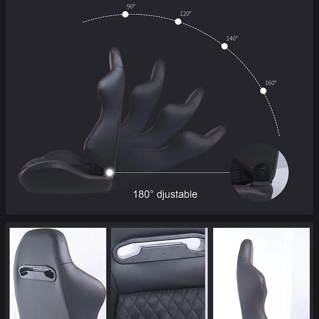 Universal Set of 2 Racing Seats Pair Black Leather Reclinable Bucket Sport Seats