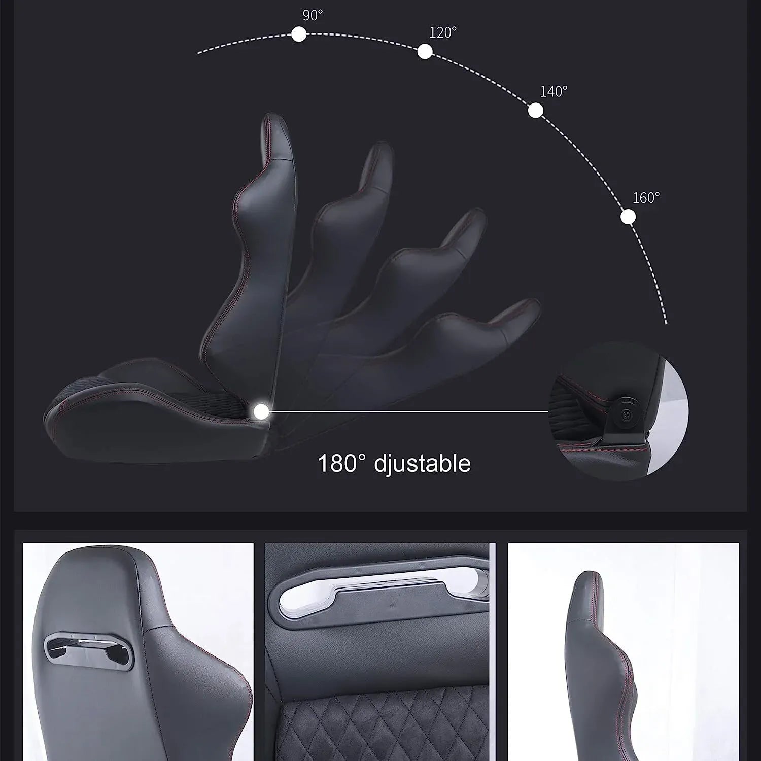 Universal Set of 2 Racing Seats Pair Black Leather Reclinable Bucket Sport Seats